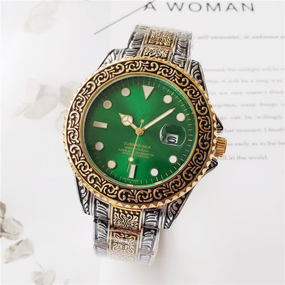 Carved shell men's quartz watch