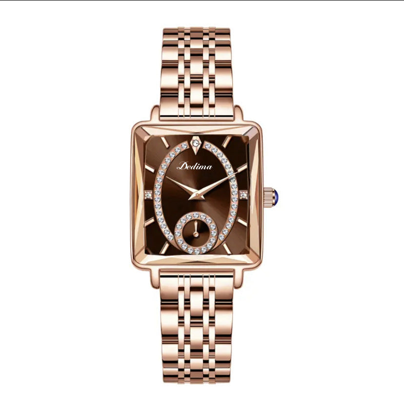 Reloj de mujer de oro rosa con dos agujas y diamantes de moda