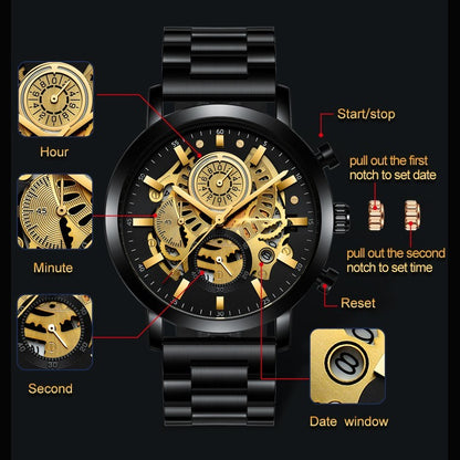 Reloj de calendario multifuncional para hombre ahuecado