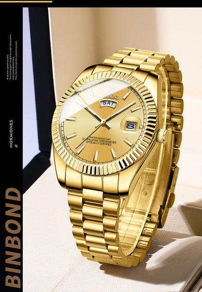 Reloj luminoso con calendario doble y correa de acero para hombre, resistente al agua y con doble calendario
