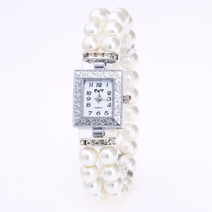 Reloj de pulsera con perlas de cristal artificial rectangular para mujer