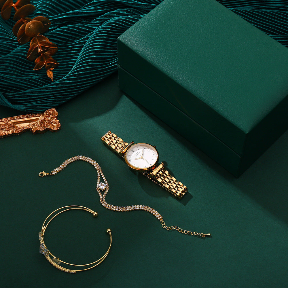 Conjunto de reloj con correa de acero para mujer en color verde