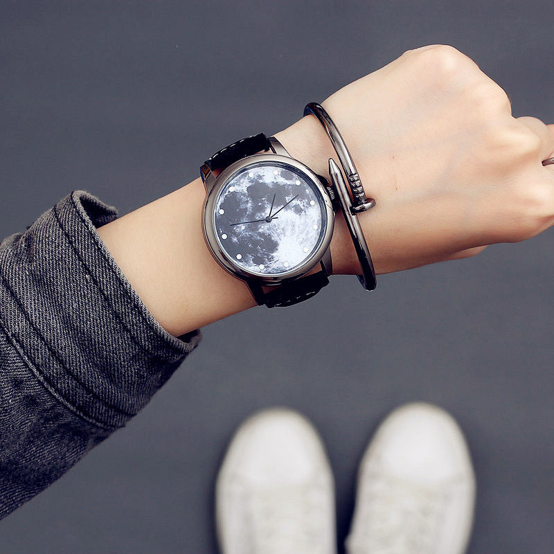 Relojes de pulsera de cuarzo minimalistas de moda para mujer, diseño con patrón de luna y cielo estrellado, relojes casuales únicos para mujer, relojes exquisitos para mujer