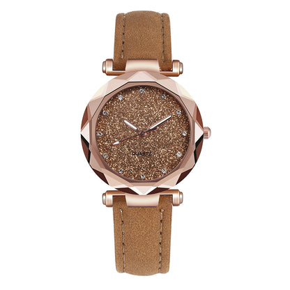 Reloj de pulsera informal para mujer, romántico, con diseño de cielo estrellado, de cuero y diamantes de imitación