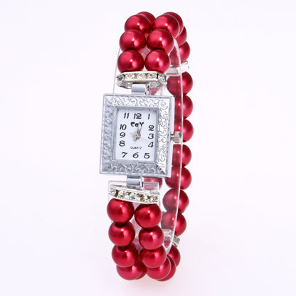 Reloj de pulsera con perlas de cristal artificial rectangular para mujer