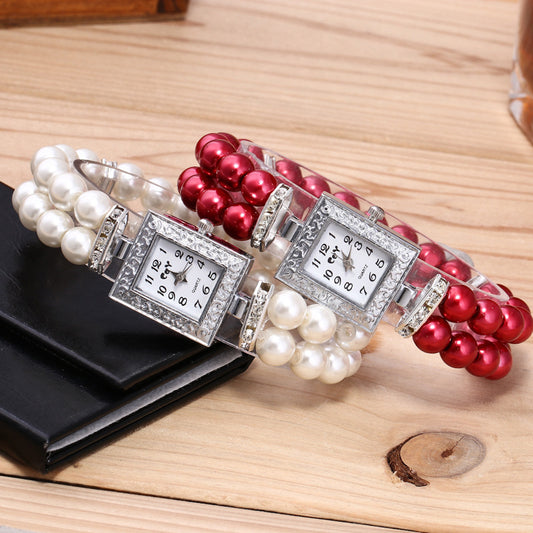 Reloj de pulsera con perlas de cristal artificial rectangular para mujer