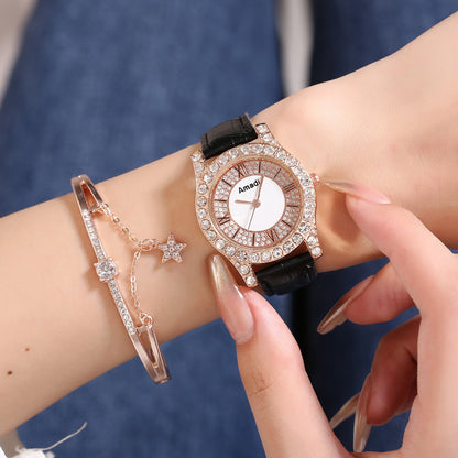 Reloj de cuarzo sencillo y a la moda con esfera romana y diamantes incrustados para mujer, caja de regalo