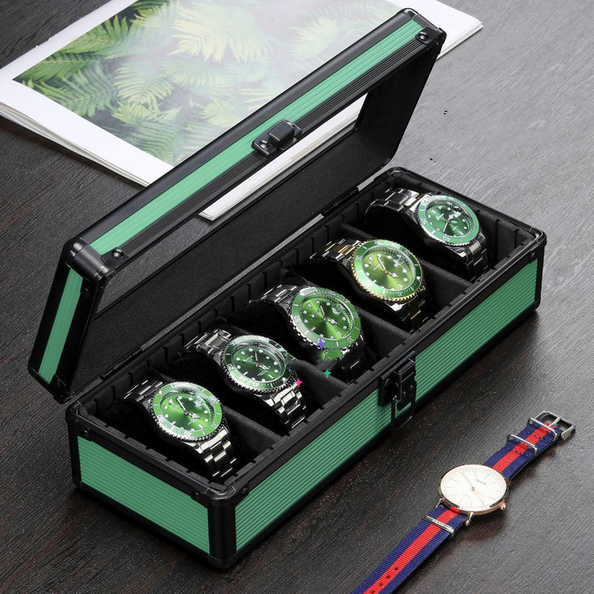 Green Aluminum Alloy 5 Grid Top Cover Transparent Watch Storage Box