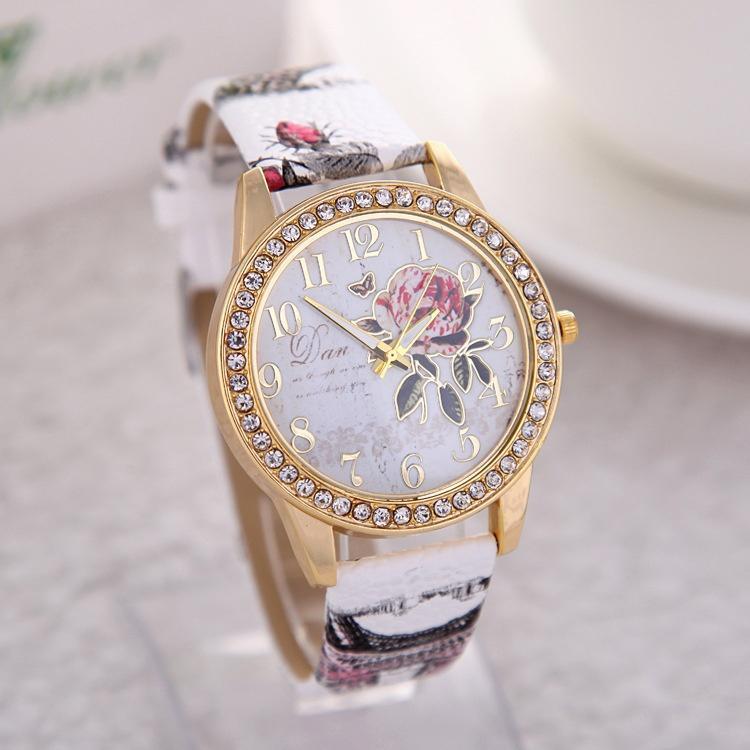 Reloj de cuarzo para mujer con estampado de flores de estilo chino
