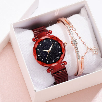 Conjunto de relojes de lujo para mujer, pulsera y hebilla magnética elegante a la moda, conjunto de reloj con cielo estrellado para mujer