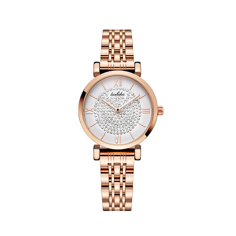 Reloj de mujer de moda con correa de acero y estrella completa