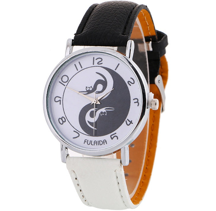 Women watch Yin-Yang Cute Cat Printed Faux Leather Band Analog Quartz Watch Clock Female