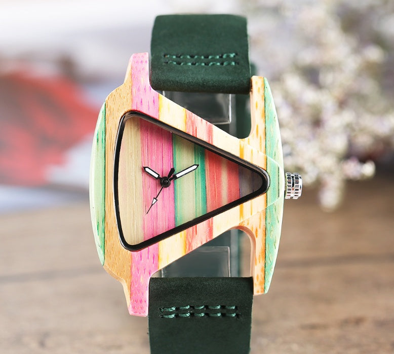 New wooden quartz watch Fashion color digital digital character triangle dial