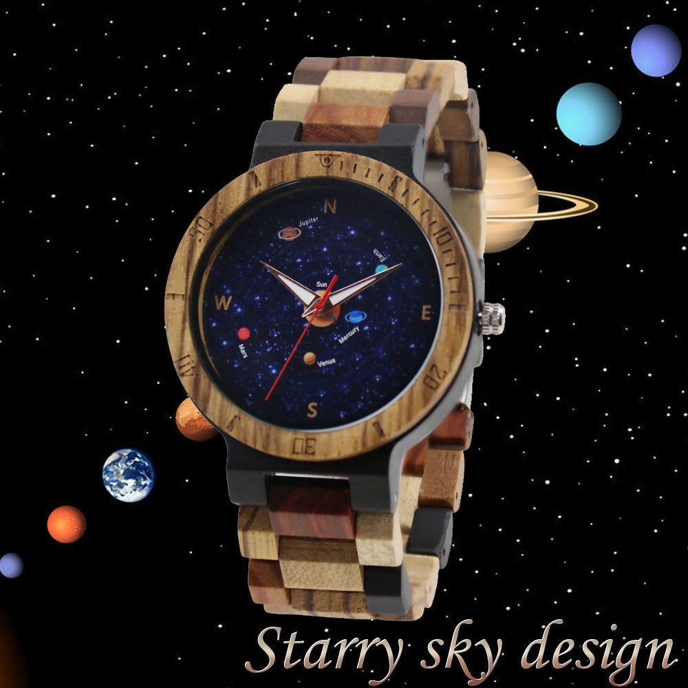 Round Dial Around The World Casual Men's Wooden Quartz Watch