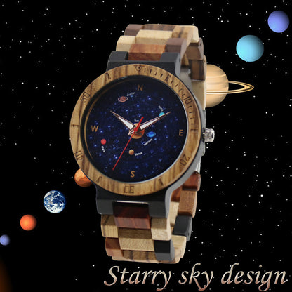 Round Dial Around The World Casual Men's Wooden Quartz Watch