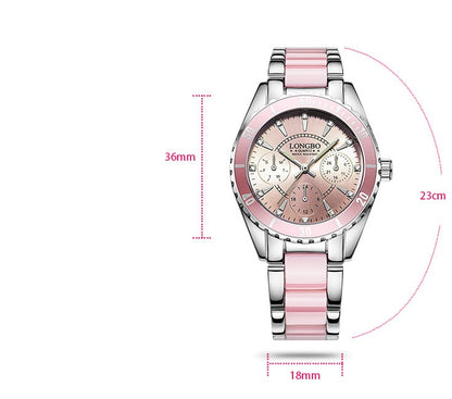 Reloj de venta caliente para mujer, modelo de tres ojos, correa de acero de cerámica, reloj de cuarzo luminoso resistente al agua para mujer