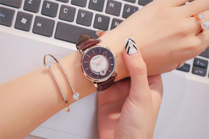 Leather waterproof quartz calendar ladies watch