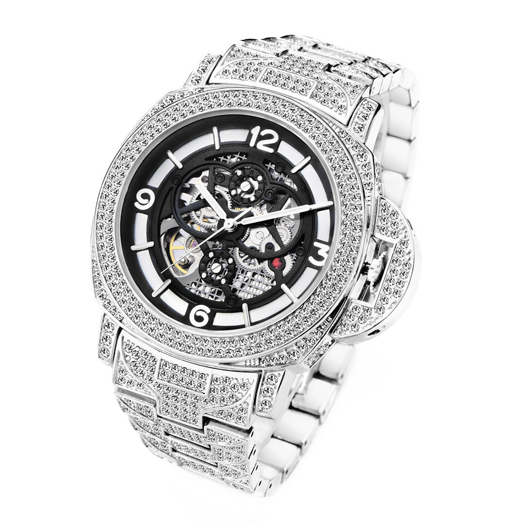 Reloj mecánico para hombre con fondo hueco y luminoso con diamantes