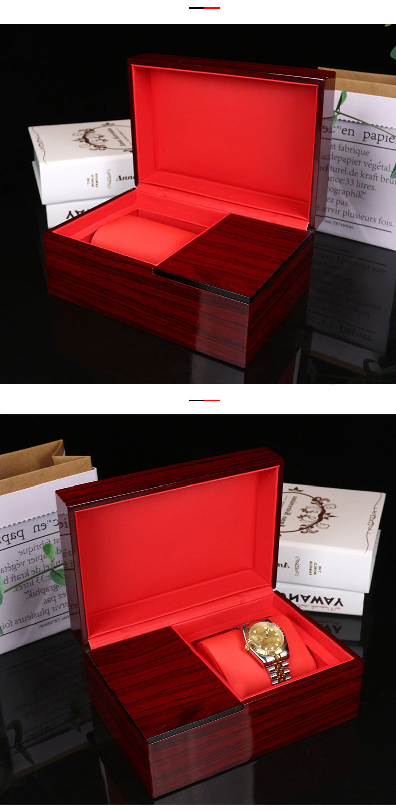 High End Watch Box Customized MDF Spray Paint Wood Box PU Leather Black Flip Gift Box Packaging Box Display Box