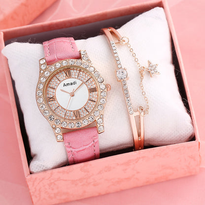 Reloj de cuarzo sencillo y a la moda con esfera romana y diamantes incrustados para mujer, caja de regalo