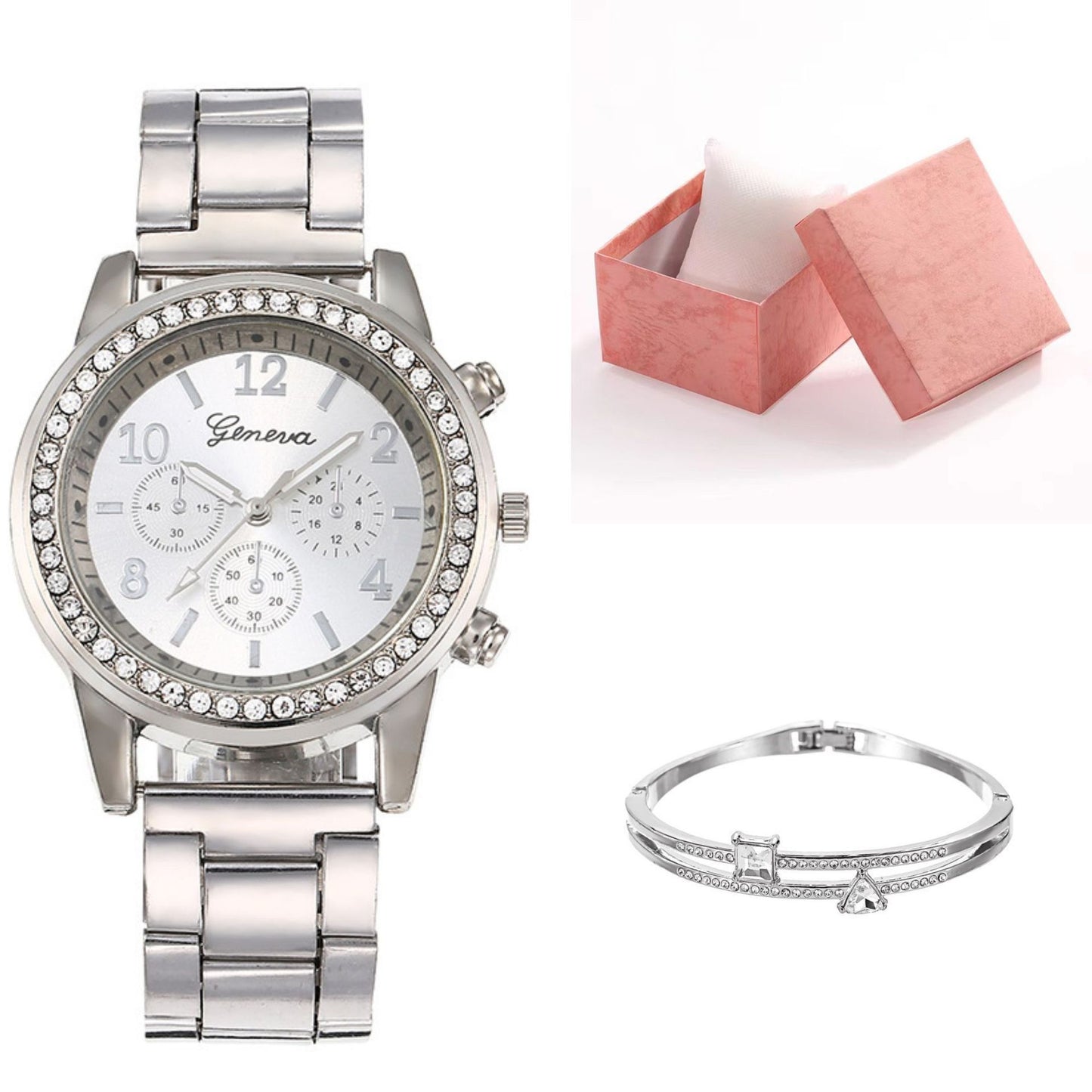 Reloj de cuarzo moderno y combinable con caja de regalo con cinturón de acero y diamantes para mujer