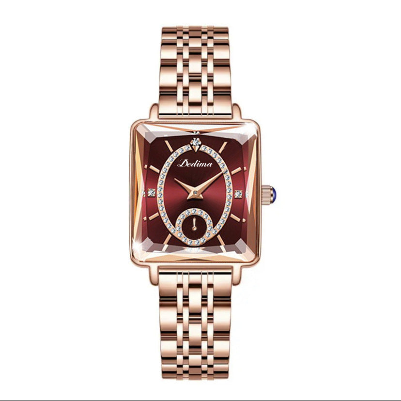 Reloj de mujer de oro rosa con dos agujas y diamantes de moda