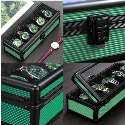 Green Aluminum Alloy 5 Grid Top Cover Transparent Watch Storage Box