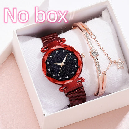 Conjunto de relojes de lujo para mujer, pulsera y hebilla magnética elegante a la moda, conjunto de reloj con cielo estrellado para mujer