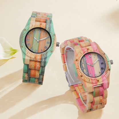 Reloj de cuarzo de madera informal de moda de bambú colorido para mujer