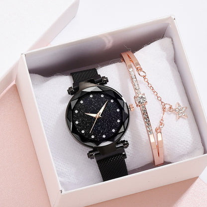 Conjunto de relojes de lujo para mujer, pulsera y hebilla magnética elegante a la moda, conjunto de reloj con cielo estrellado para mujer