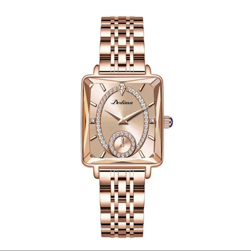 Reloj de mujer de oro rosa con dos agujas y diamantes de moda