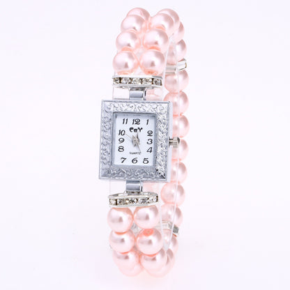 Reloj de pulsera con perlas de cristal artificial rectangular para mujer