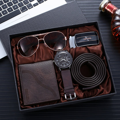 Reloj de cuarzo, elegante cinturón, cartera, gafas, conjunto