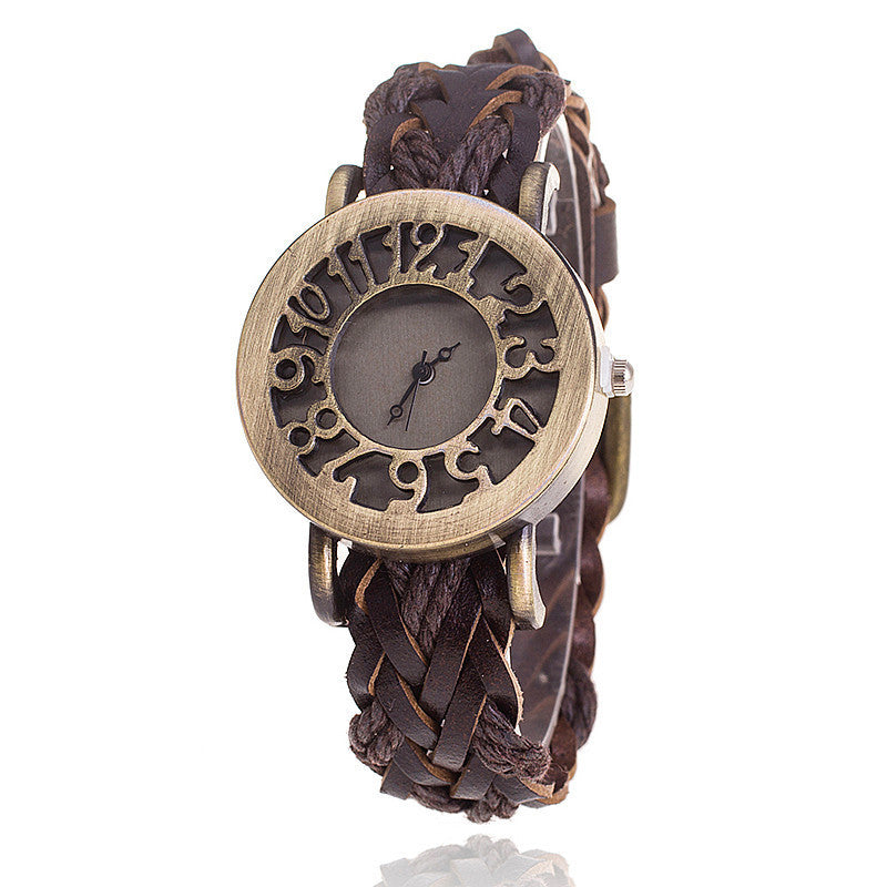 Reloj de pulsera con cabeza hueca retro de cuero tejido, reloj de mujer