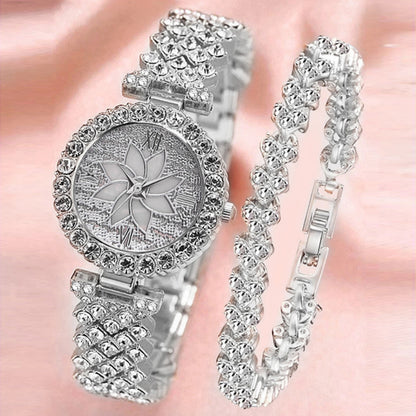 Reloj de pulsera con disco de flores y cielo estrellado con incrustaciones de diamantes para mujer