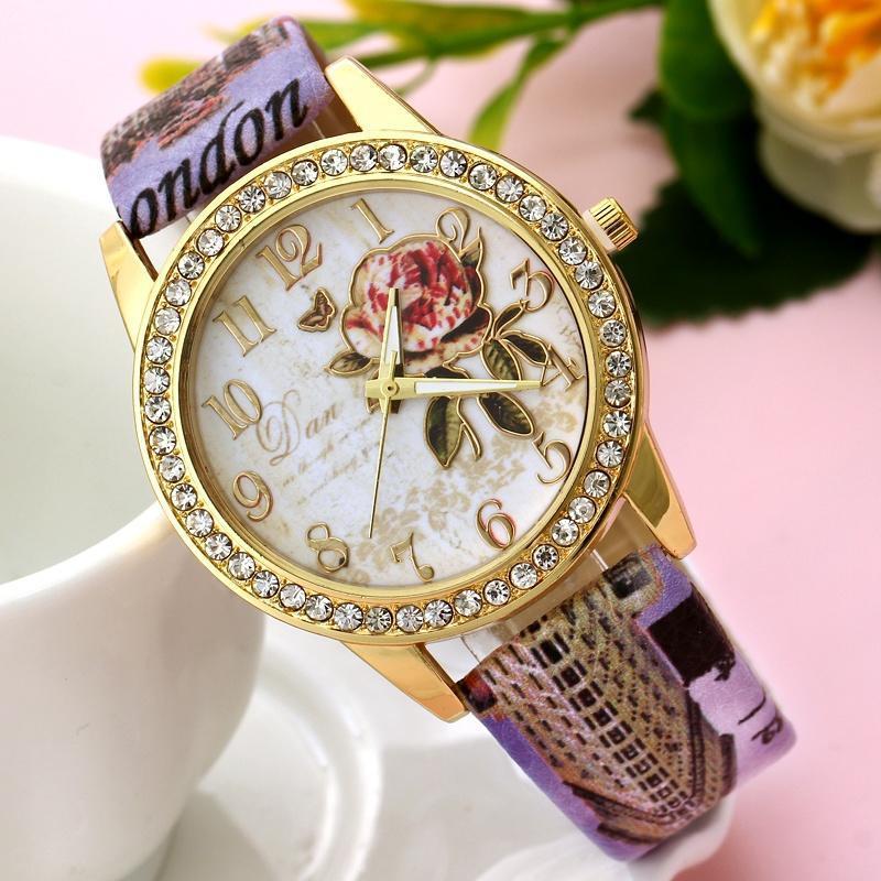 Reloj de cuarzo para mujer con estampado de flores de estilo chino