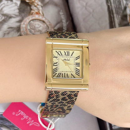 Reloj cuadrado de malla con estampado de leopardo y cinturón de acero de moda para mujer