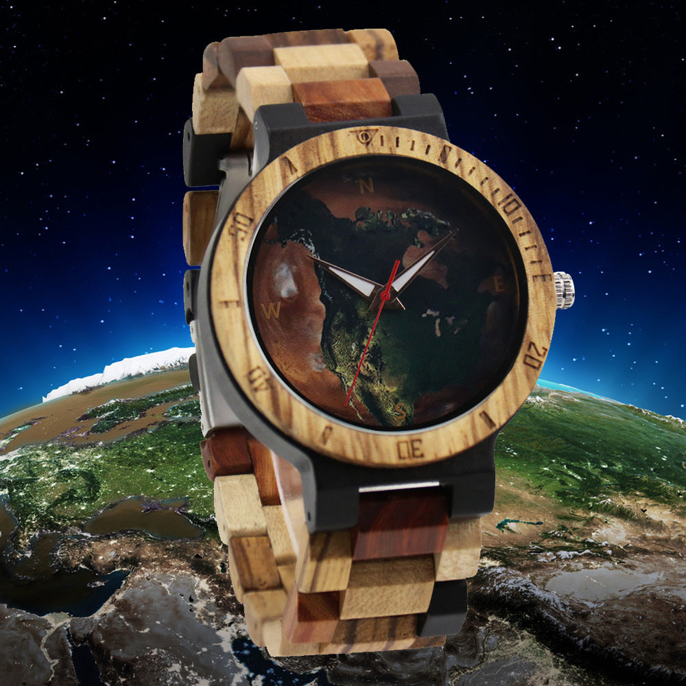 Round Dial Around The World Casual Men's Wooden Quartz Watch