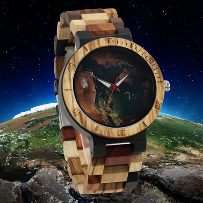 Reloj de cuarzo de madera para hombre informal con esfera redonda en todo el mundo