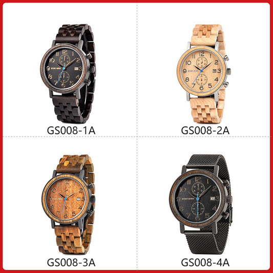 Reloj de madera GS008 para jóvenes, ocio, negocios, movimiento de cuarzo, reloj anti-madera y agua