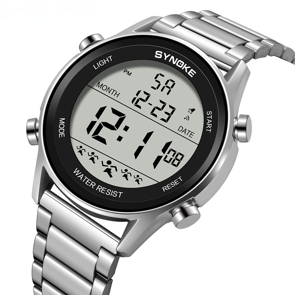 Reloj electrónico deportivo con correa de acero, resistente al agua, multifuncional, pantalla grande, luminoso