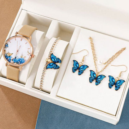 Conjunto de 5 piezas de reloj y cinturón de mariposa a juego para mujer