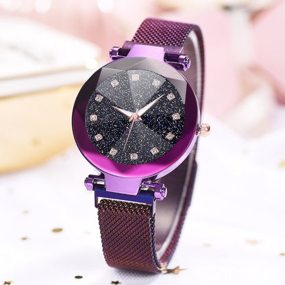 Reloj de mujer con diamantes de imitación cuadrados y esfera de cielo estrellado, conjunto de reloj de pulsera informal de moda para mujer