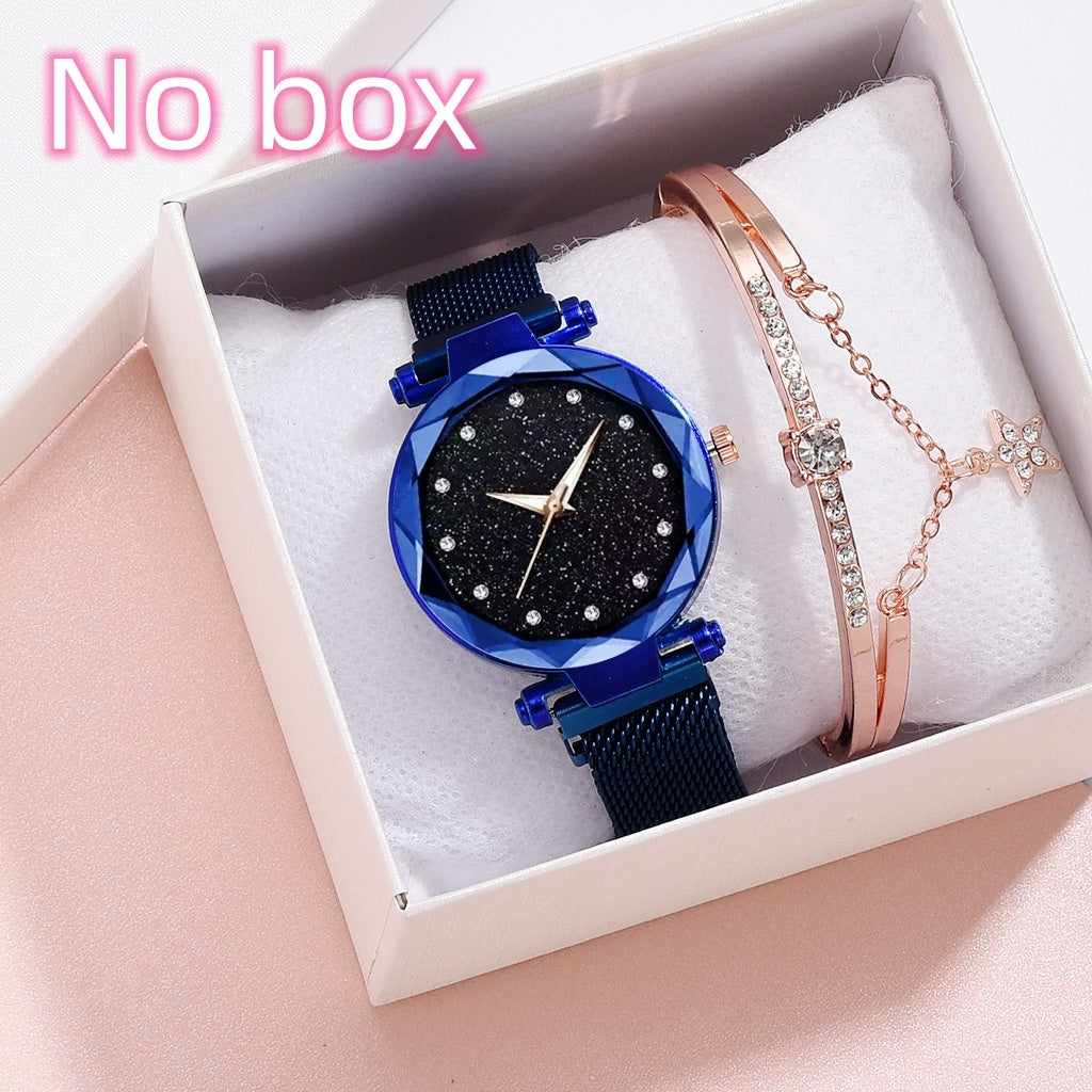 Conjunto de relojes de lujo para mujer, pulsera y hebilla magnética elegante a la moda, conjunto de reloj con cielo estrellado para mujer