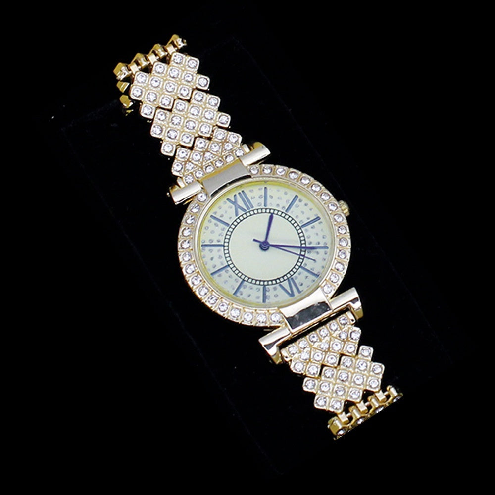 Reloj de mujer con patrón romano y diamantes incrustados, conjunto de regalo de joyería, reloj de pulsera para mujer, de lujo, ligero, lleno de diamantes, atractivo