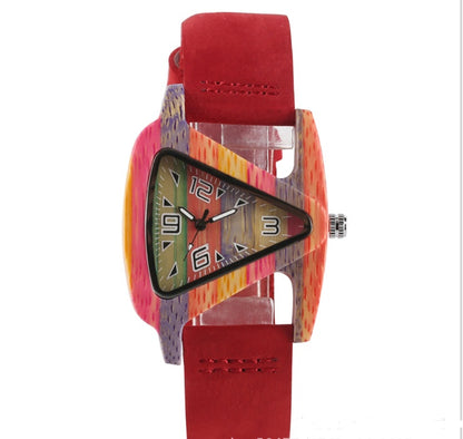 New wooden quartz watch Fashion color digital digital character triangle dial