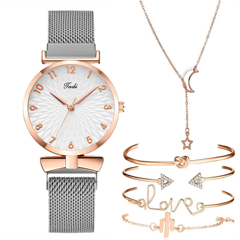 Conjunto de regalo informal para mujer, conjunto de pulsera y brazalete de reloj de cuarzo con correa de malla de disco, 6 piezas