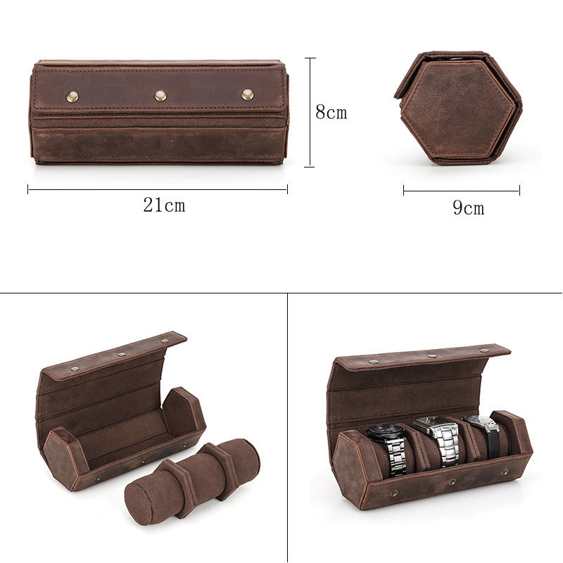 Retro Crazy Horse Leather Three Packs Detachable Portable Diamond Creative Watch Storage Box