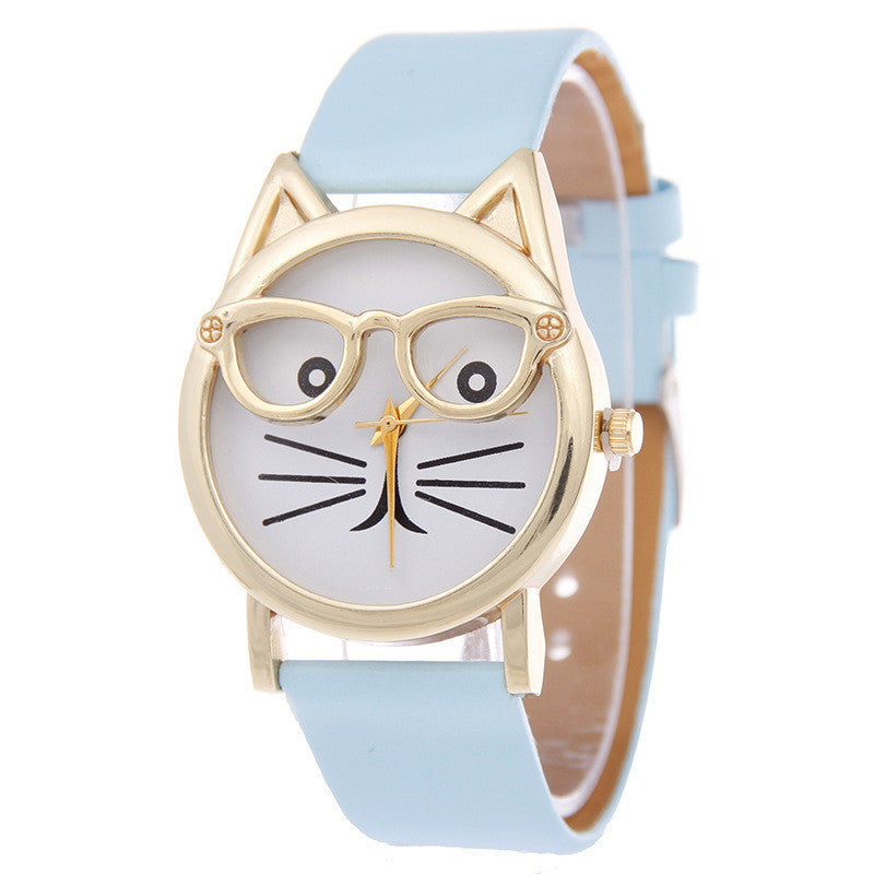 Reloj de dibujos animados con gafas, reloj con cinturón de gato para estudiantes, reloj de cuarzo para mujer, reloj de regalo