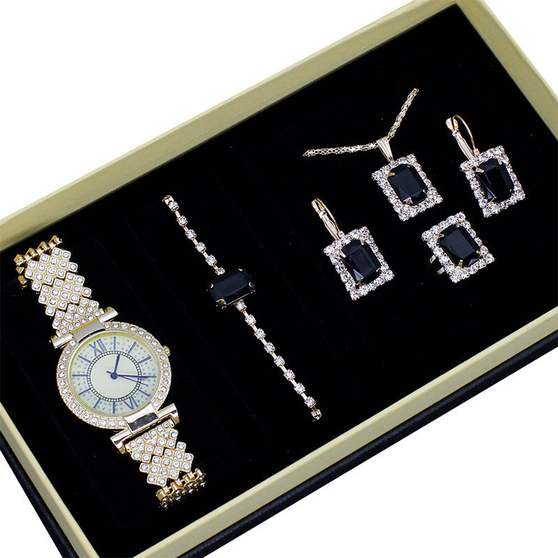 Reloj de mujer con patrón romano y diamantes incrustados, conjunto de regalo de joyería, reloj de pulsera para mujer, de lujo, ligero, lleno de diamantes, atractivo